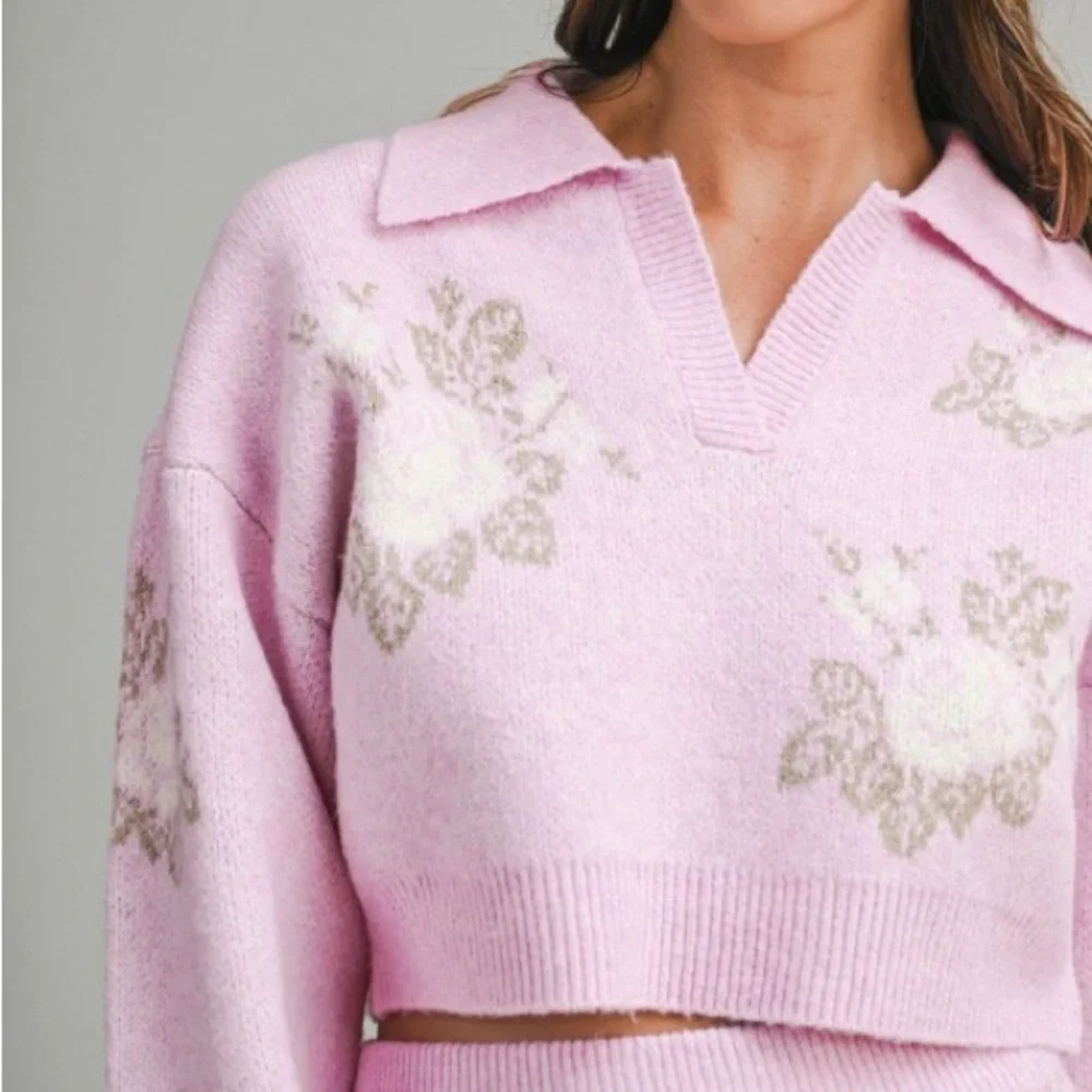 Pink Floral Jacquard Crop Sweater And Skirt Set - Picture 8 of 16